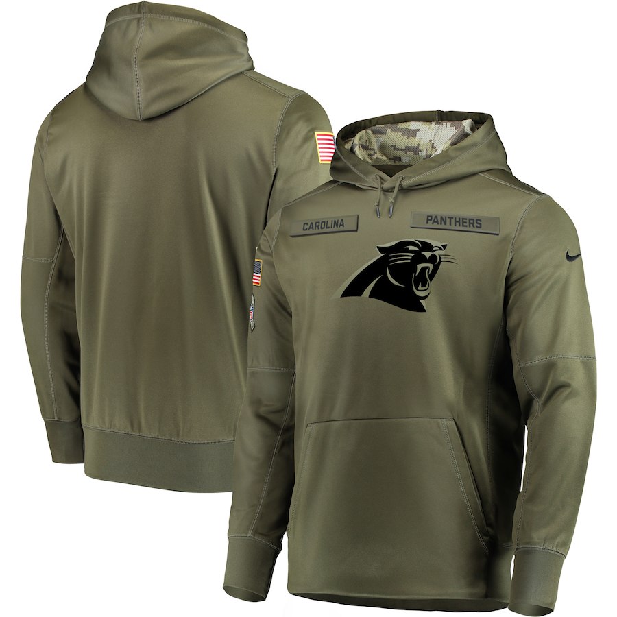 Men's Carolina Panthers 2018 Olive Salute to Service Sideline Therma Performance Pullover Stitched NFL Hoodie